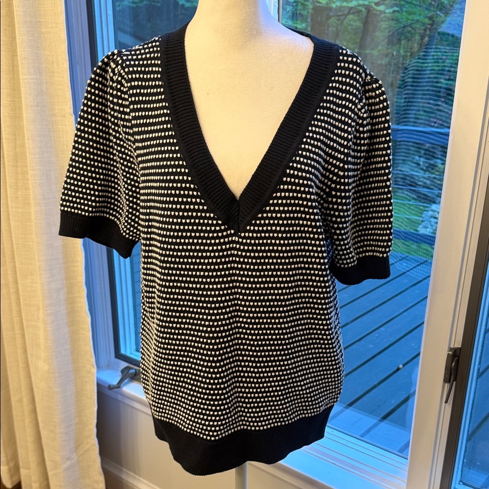 Navy and White Striped V-Neck Sweater